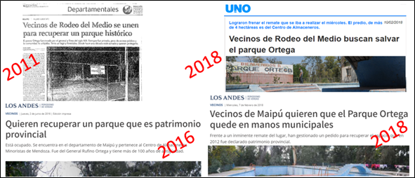 Noticias de los diarios locales que refieren a la movilización de la comunidad en 2011, 2016 y 2018